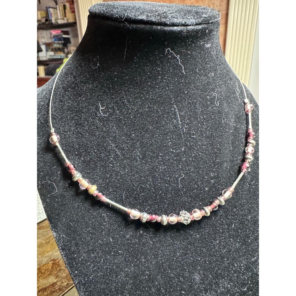 Vintage Wire Beaded Necklace – Mauve Glass & Silver-Tone Spacers – Choker Length